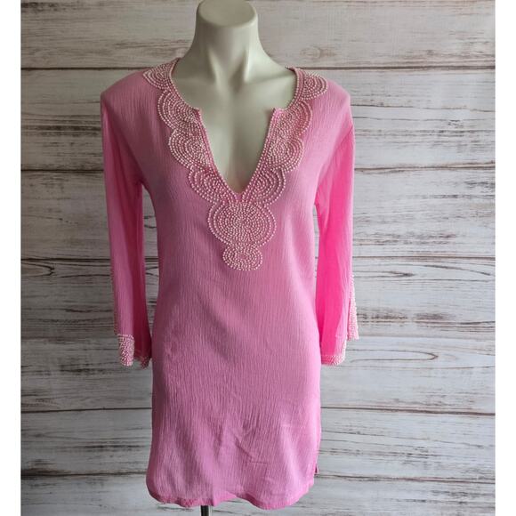 Claire Mercier St Berth Pink Beaded Tunic Style Beach Swim Coverup sz S - Picture 1 of 7